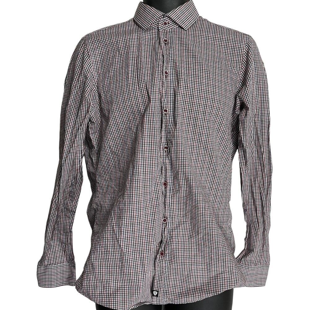Strellson Shirt Mens Size 15.5 Blue Red Checkered Slim Fit Button Up Long Sleeve